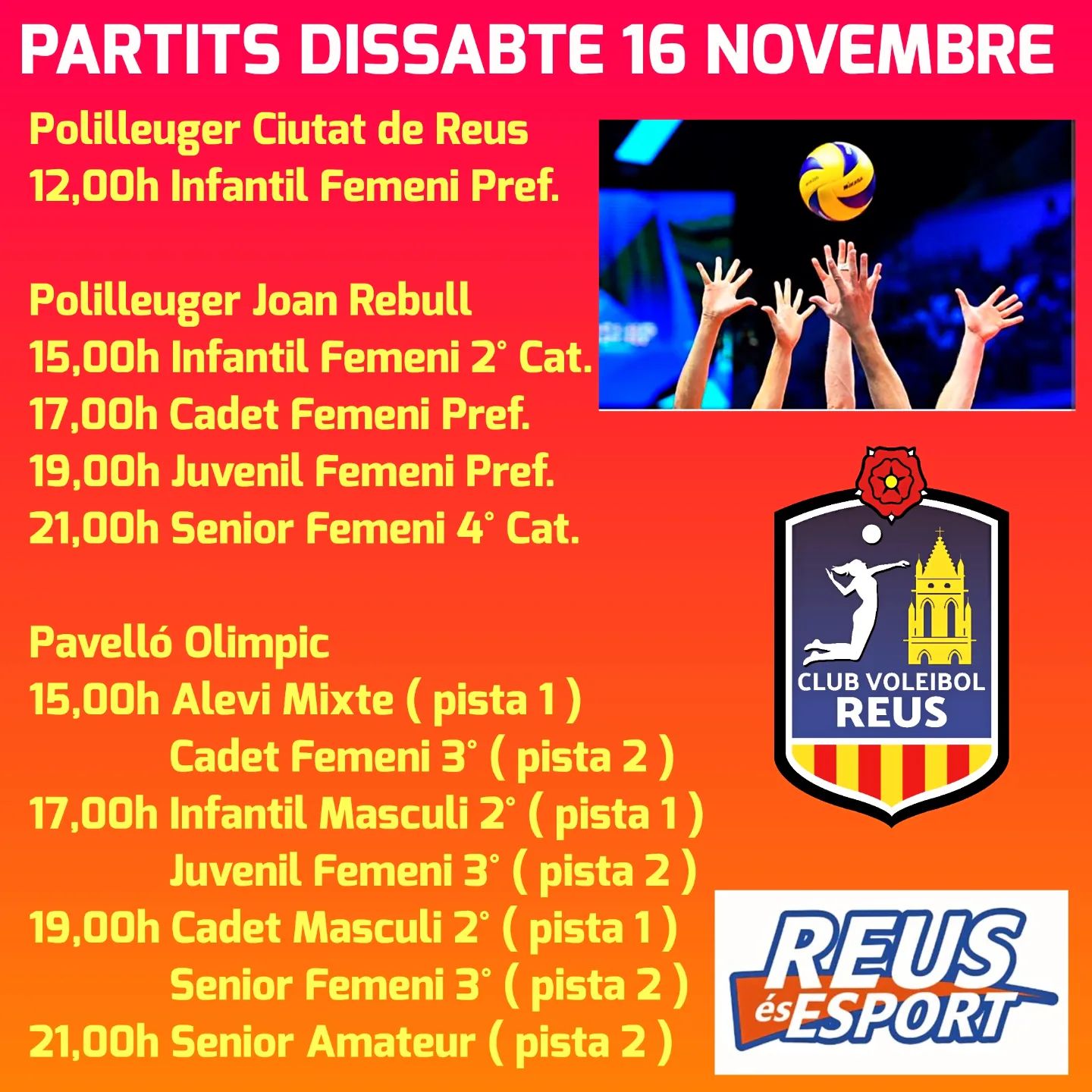 En este momento estás viendo Aquet dissabte podeu gaudir de fins a 13 partits federats a Reus, us hi esperem…